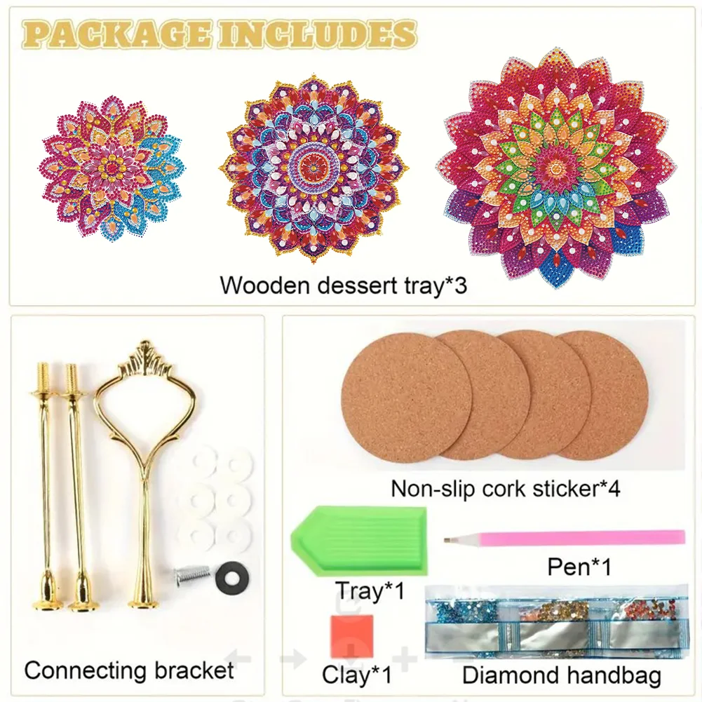 3 Tier 5D DIY Mandala Acrylic Diamond Painting Cupcake Stand for Kitchen Table Decor 