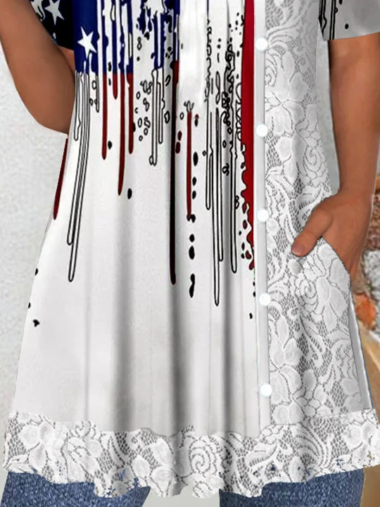 Women's Short Sleeve Scoop Neck Graphic Lace Star Printed Tops