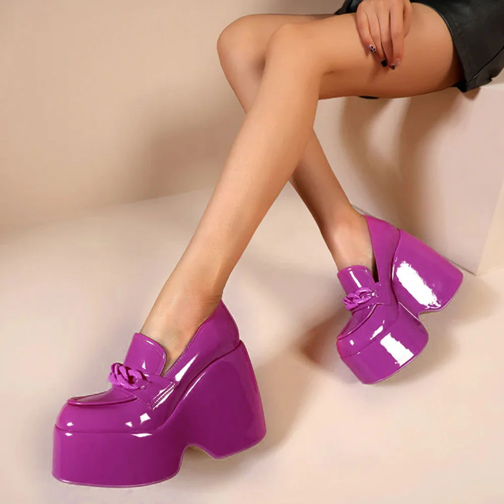 Purple Wedge Patent Leather Chunky Heel Loafers