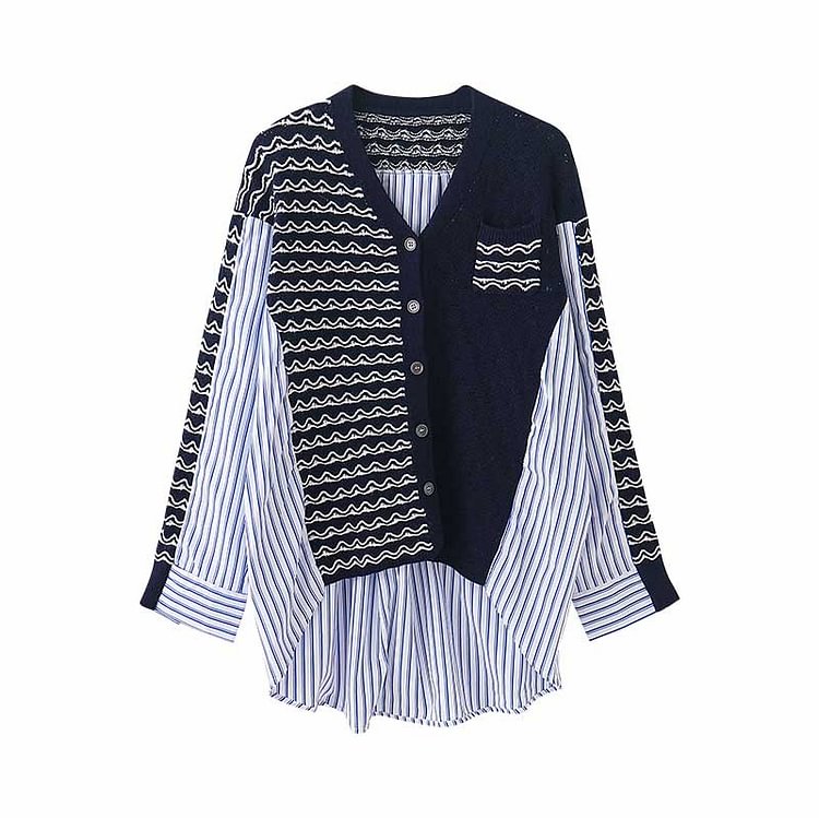 Colorblock Stripe Loose V-neck Cardigan Sweater Shirt - Modakawa modakawa