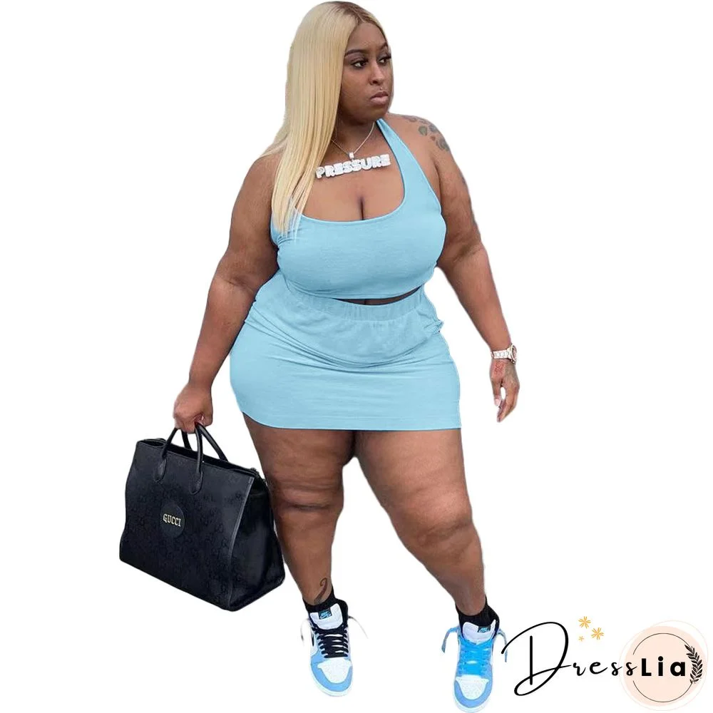 Plus Size Summer Solid Women Square Neck Sleeveless Crop Top+Elastic Waist Mini Skirt 2 Piece Set