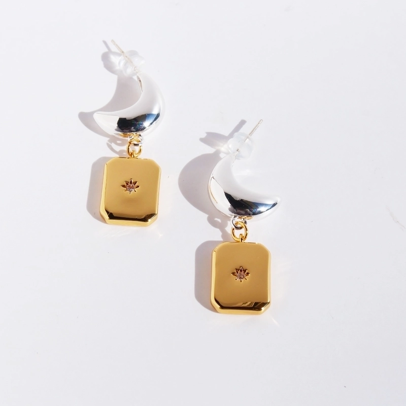 1 Pair Hip-Hop Streetwear Cool Style Geometric Moon Inlay Brass Zircon 24K Gold Plated Drop Earrings