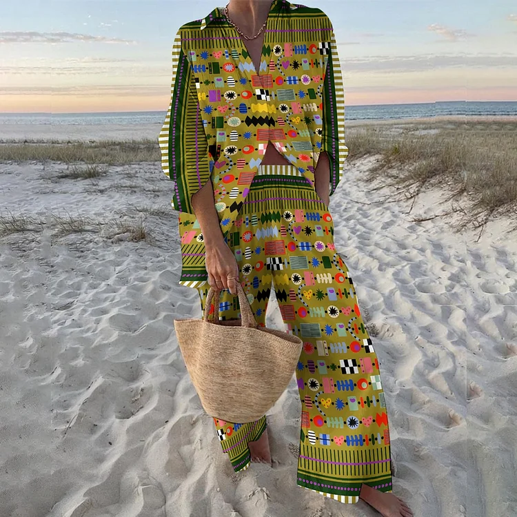 Women's Colorful Geometric Pattern Printed Shirt & Pants Two-piece Set