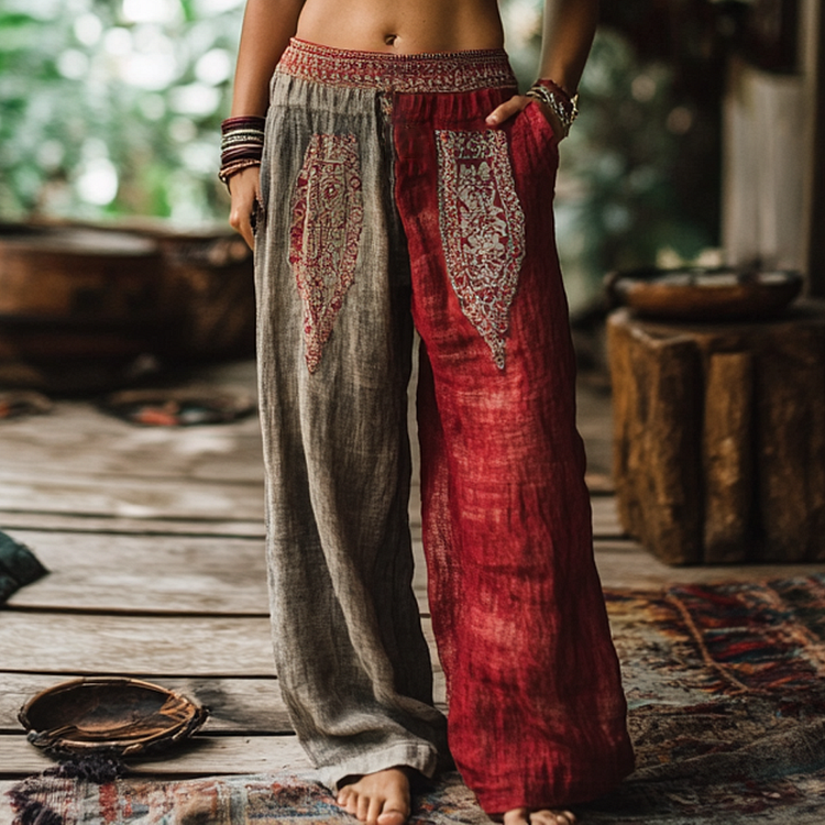 Utbros Vintage Bohemian Floral Ethnic Totem Art Printed Cotton Linen Wide Leg Pants