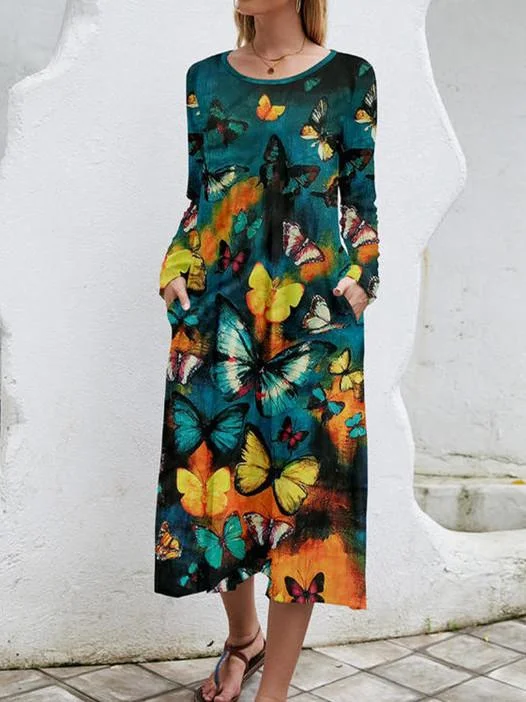 Women Long Sleeve Scoop Neck Animal Print Graphic Dress