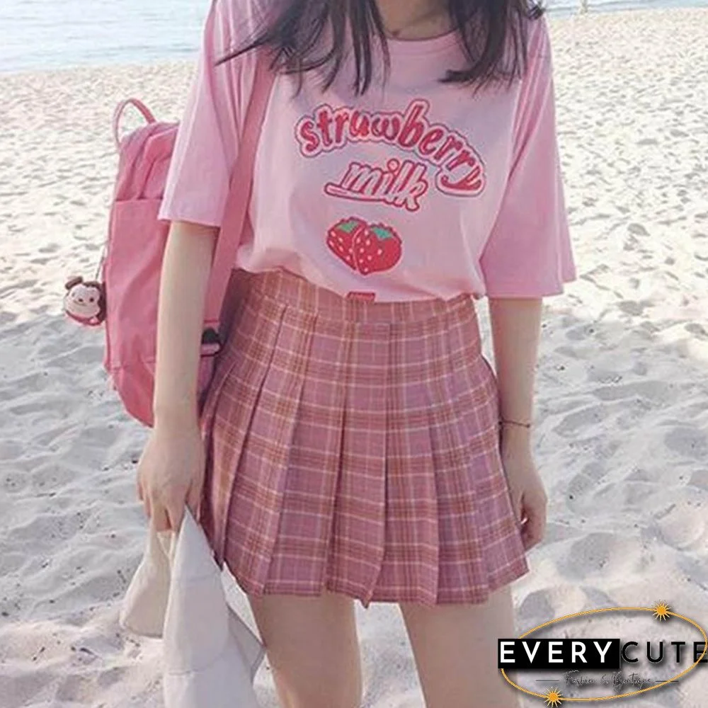 Pink Girl Series Strawberry Milk Graphic Summer Fashion 100% Cotton Casual Tops Korean Style Girl Funny Hipster Short Sleeves Kawaii Cute