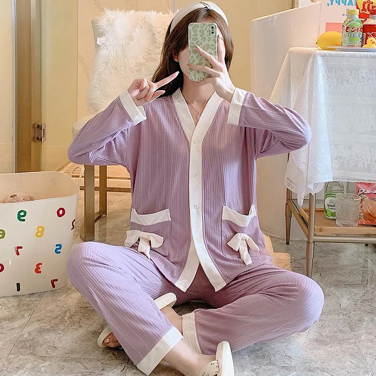 Lovely Bow Knot Home Cotton Pajamas Set - Modakawa modakawa