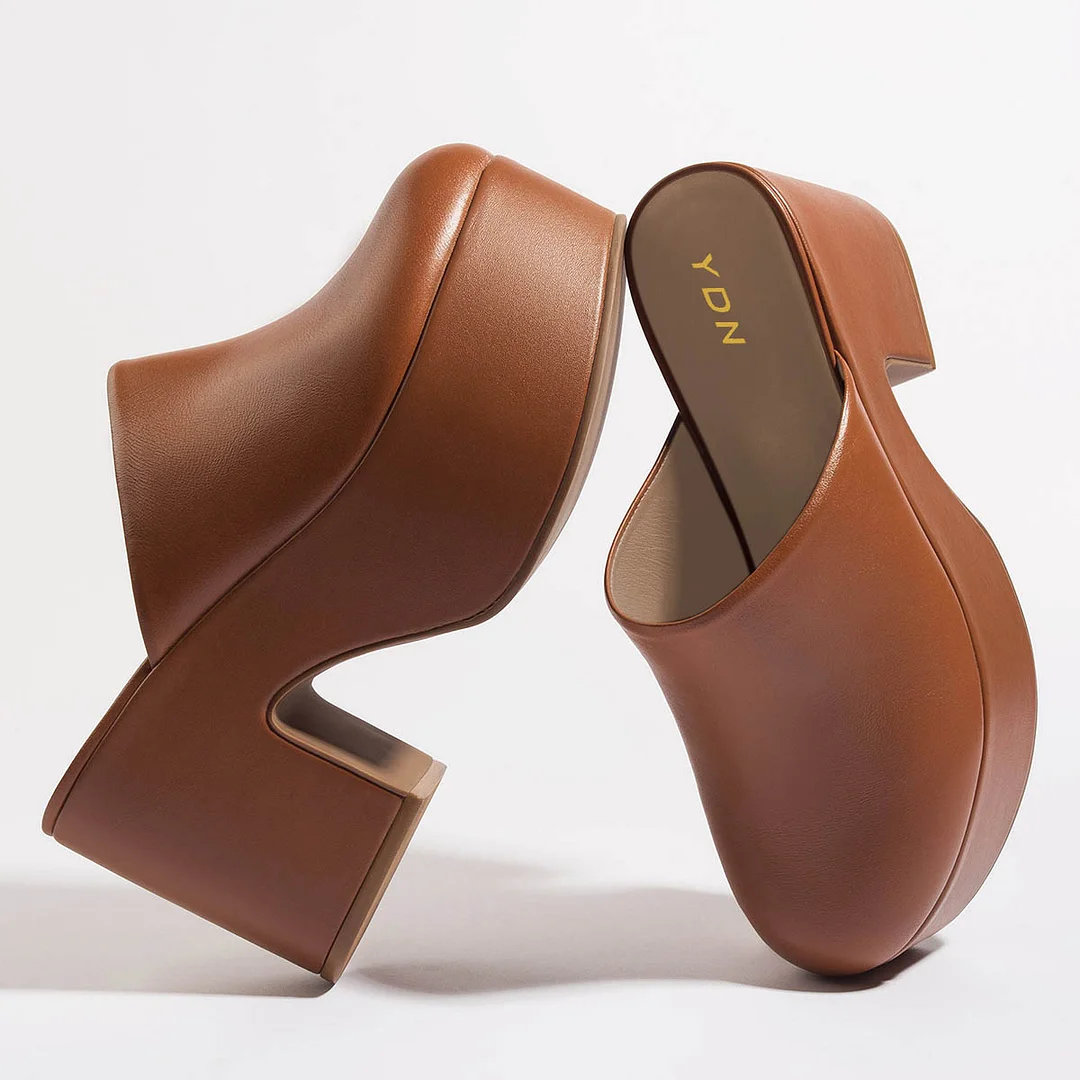 Brown Vegan Leather Round Toe Women's Platform Mules Shoes