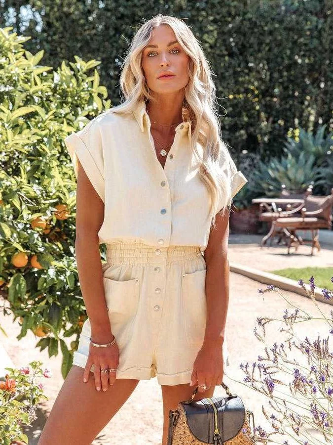 Uveng Uveng Women's New Solid Color Collar Short Sleeve Single-D Row Pocket Straight Shorts Jumpsuit