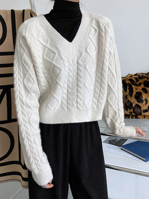 Original Loose Solid Color Striped V-Neck Long Sleeves Sweater Top