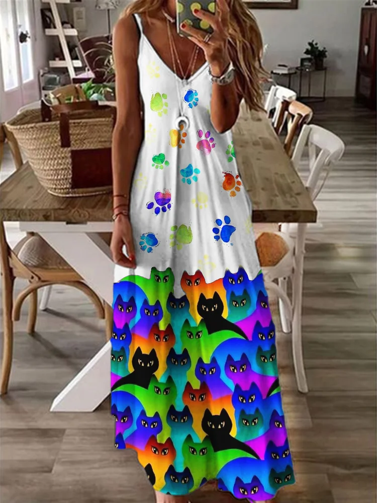 Colorful Cats & Paw Prints V Neck Cami Maxi Dress