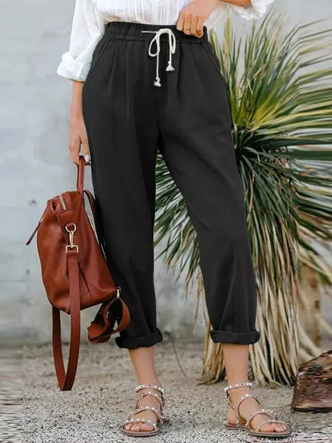 Solid Color Drawstring High Rise Loose Casual Pants
