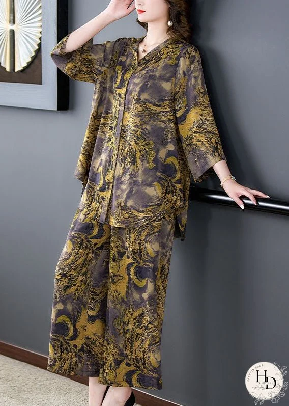Plus Size Purple V Neck Print Patchwork Silk Two Piece Suit Set Summer