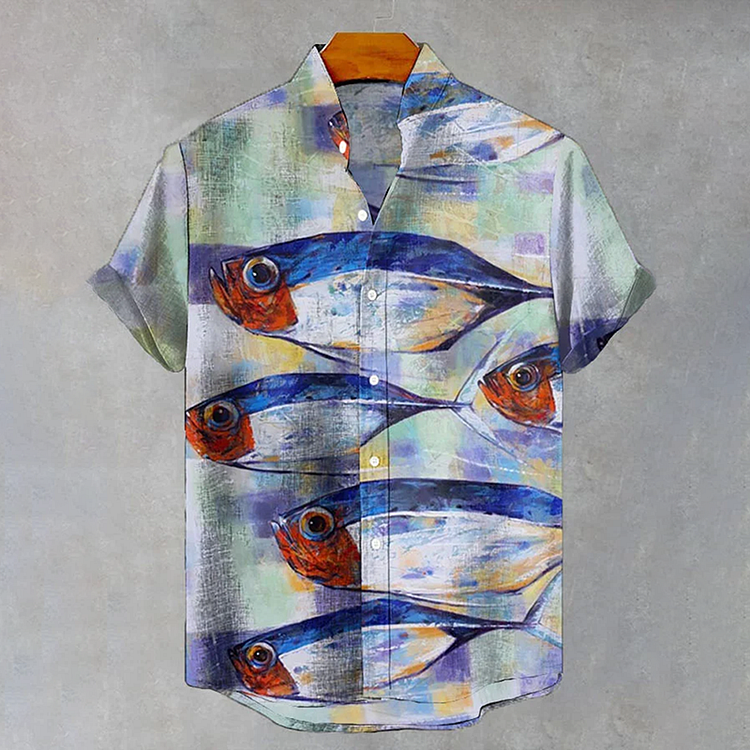 Men's Vintage Fish Watercolor Art Print Casual Short Sleeve Shirt