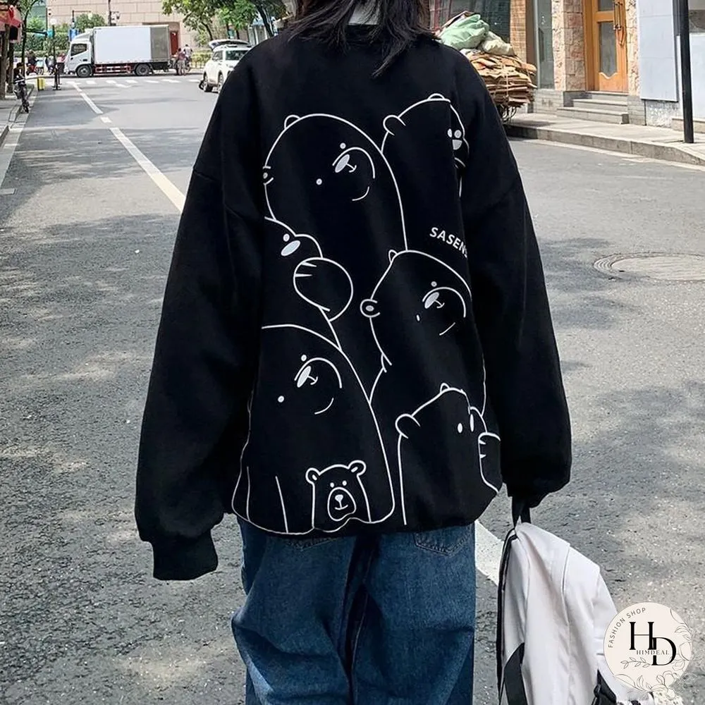 Womens Sport Shirt Spring Kpop Loose Long-Sleeved Coat Student Cartoon Print Top Harajuku
