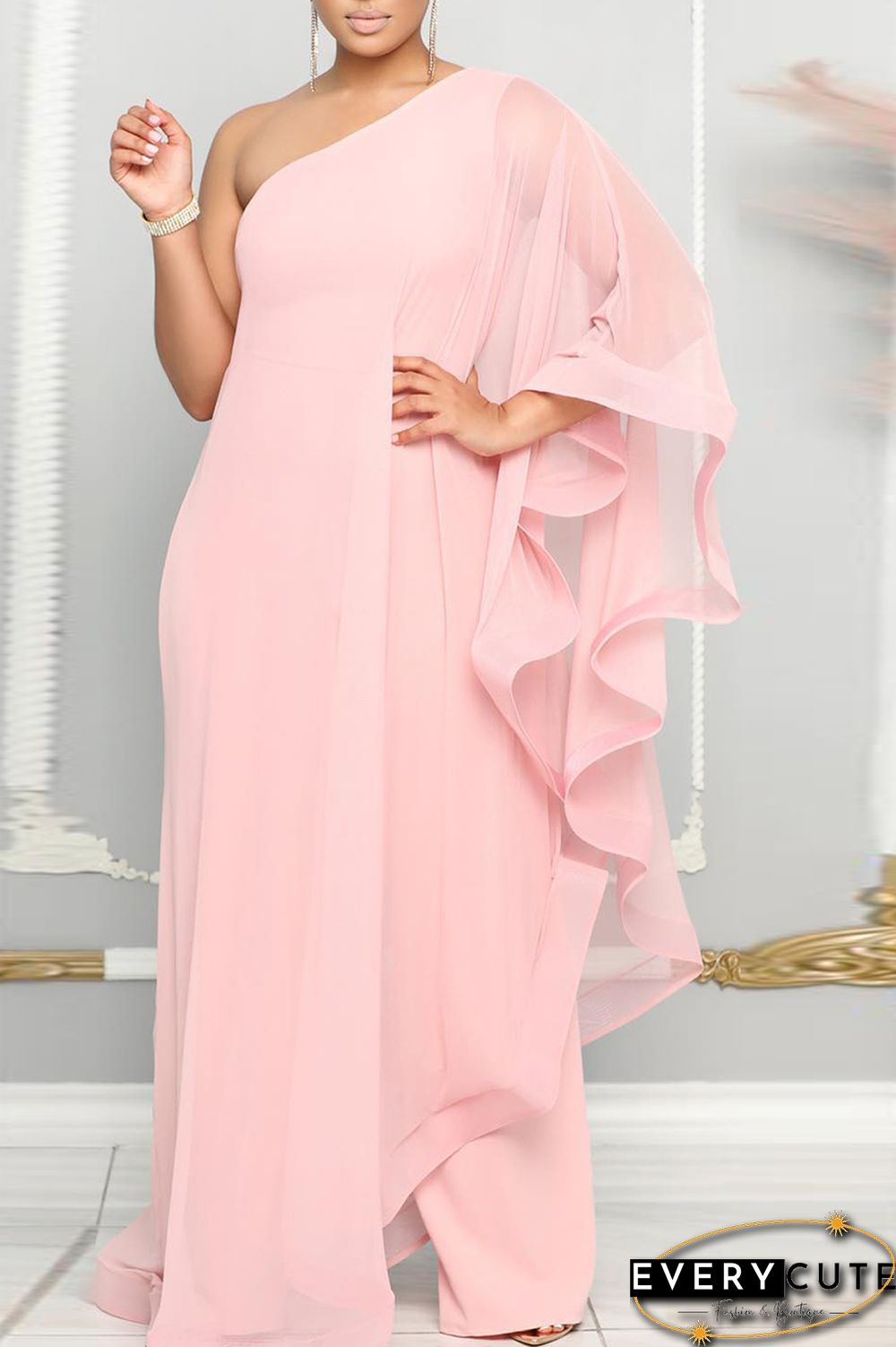 Blue Casual Daily Elegant Patchwork Solid Color One Shoulder Regular Jumpsuits