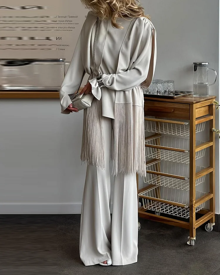 Sleeveless solid color tassel two piece suit