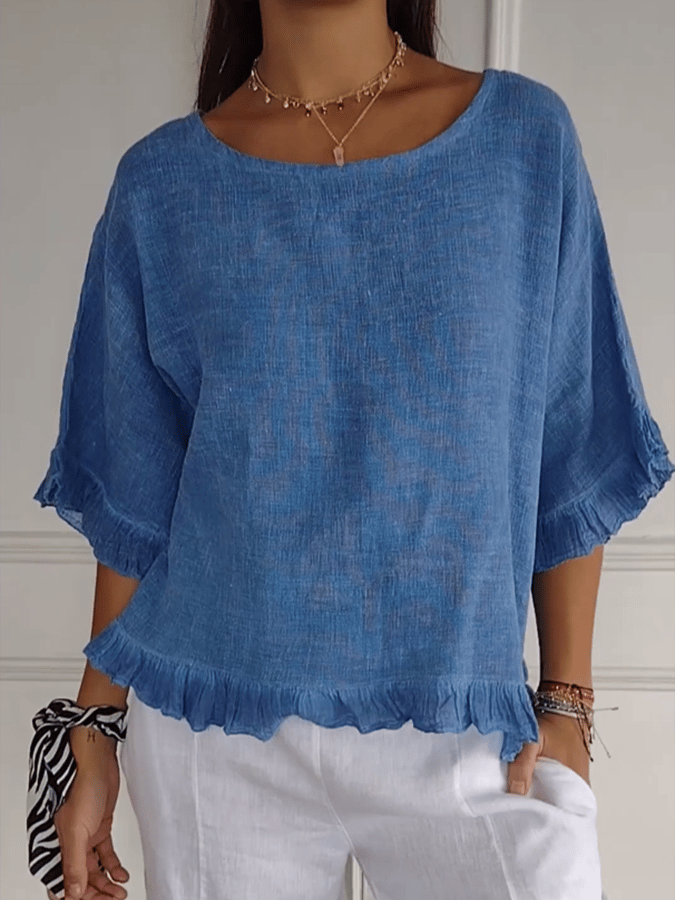 Women's Solid Color Round Neck Loose Casual Shirt