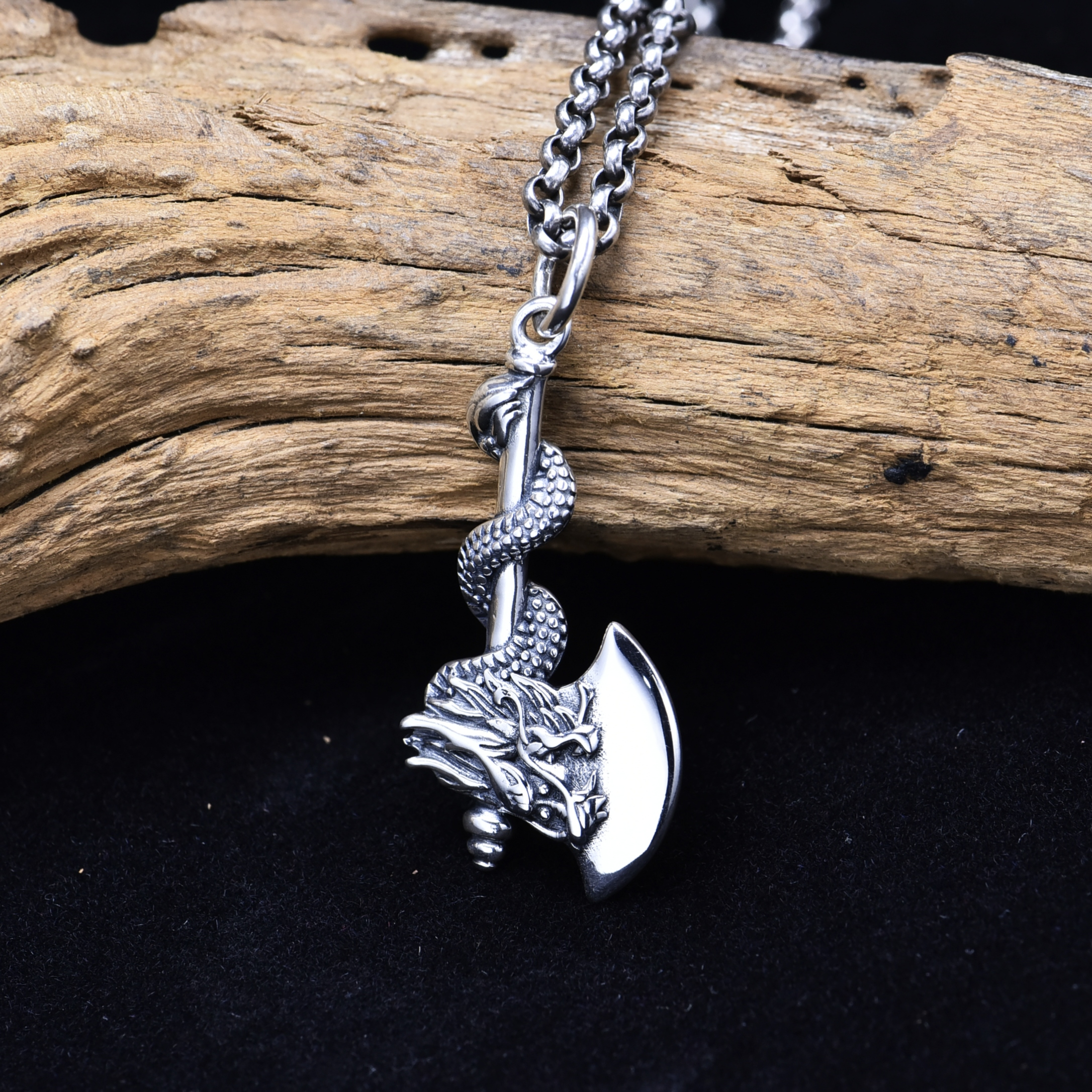 Viking Legend: 925 Sterling Silver Dragon - Headed Axe Necklace