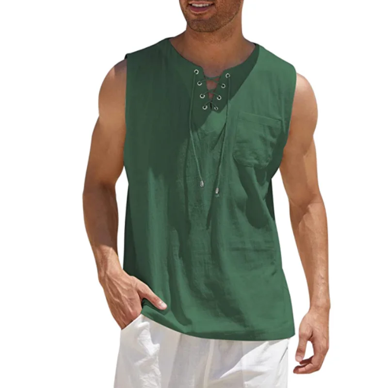  Men's Casual Sleeveless Vest with Lace-Up Front Design for Summer