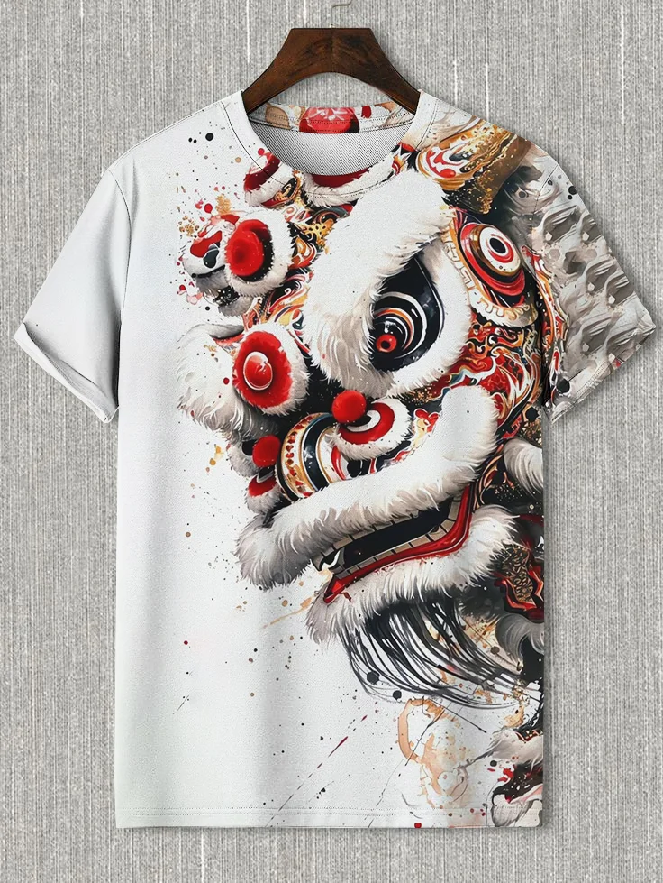 Men's Traditional Chinese Lion Dance Print T-Shirt