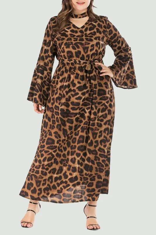 Collar V-Neck Leopard Dress