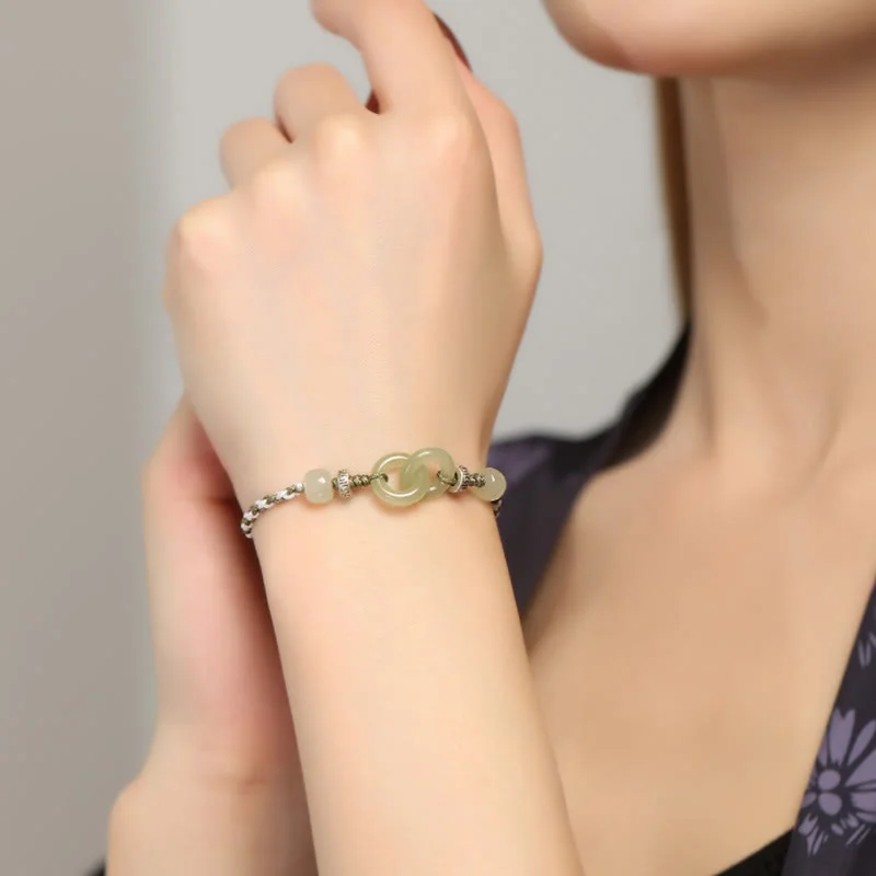 Natural Hetian Jade Peace Buckle Luck Braided Bracelet