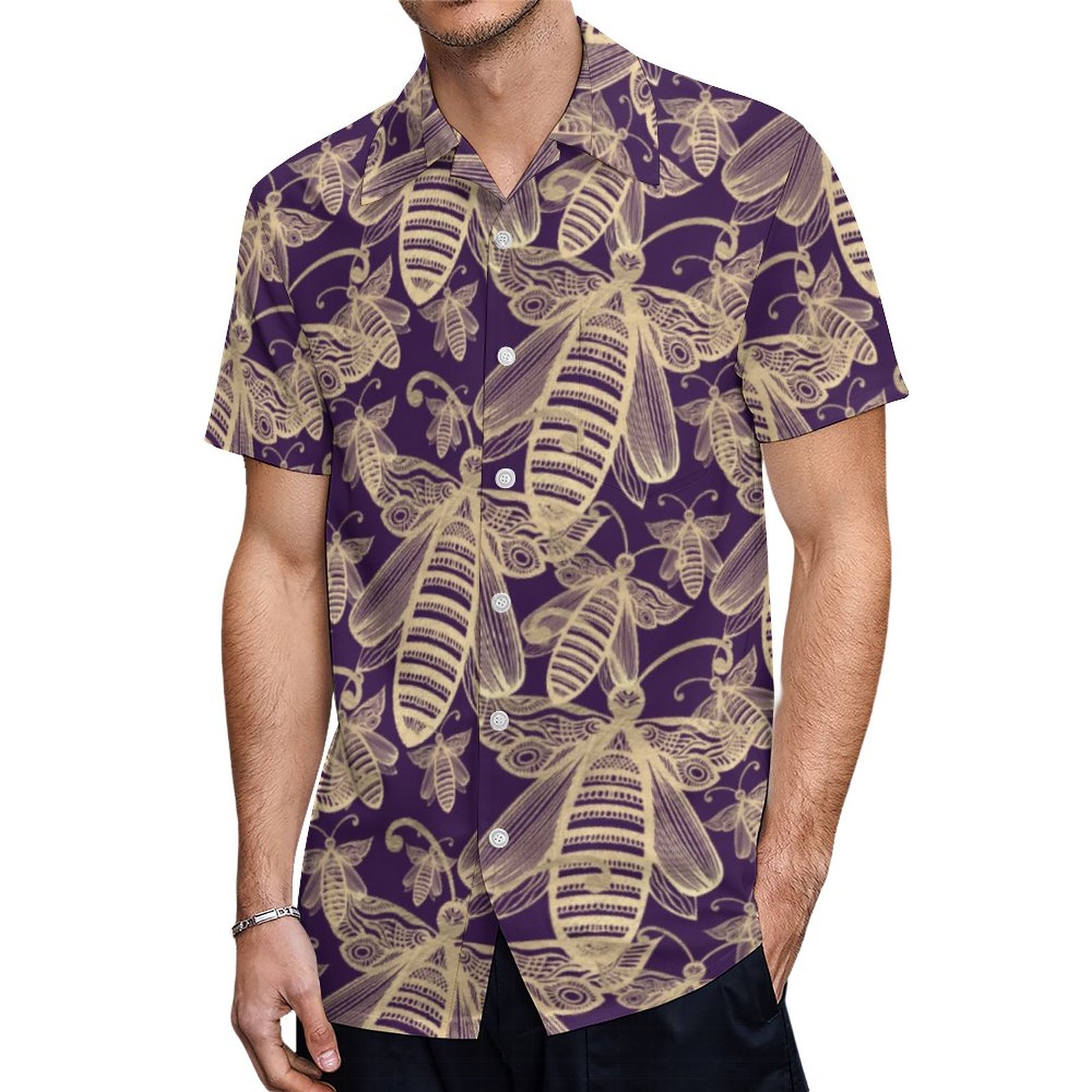 Boho Bee Swarm Chic Pattern Cream Purple Hawaiian Shirt Mens Button Down Plus Size Tropical Hawaii Beach Shirts