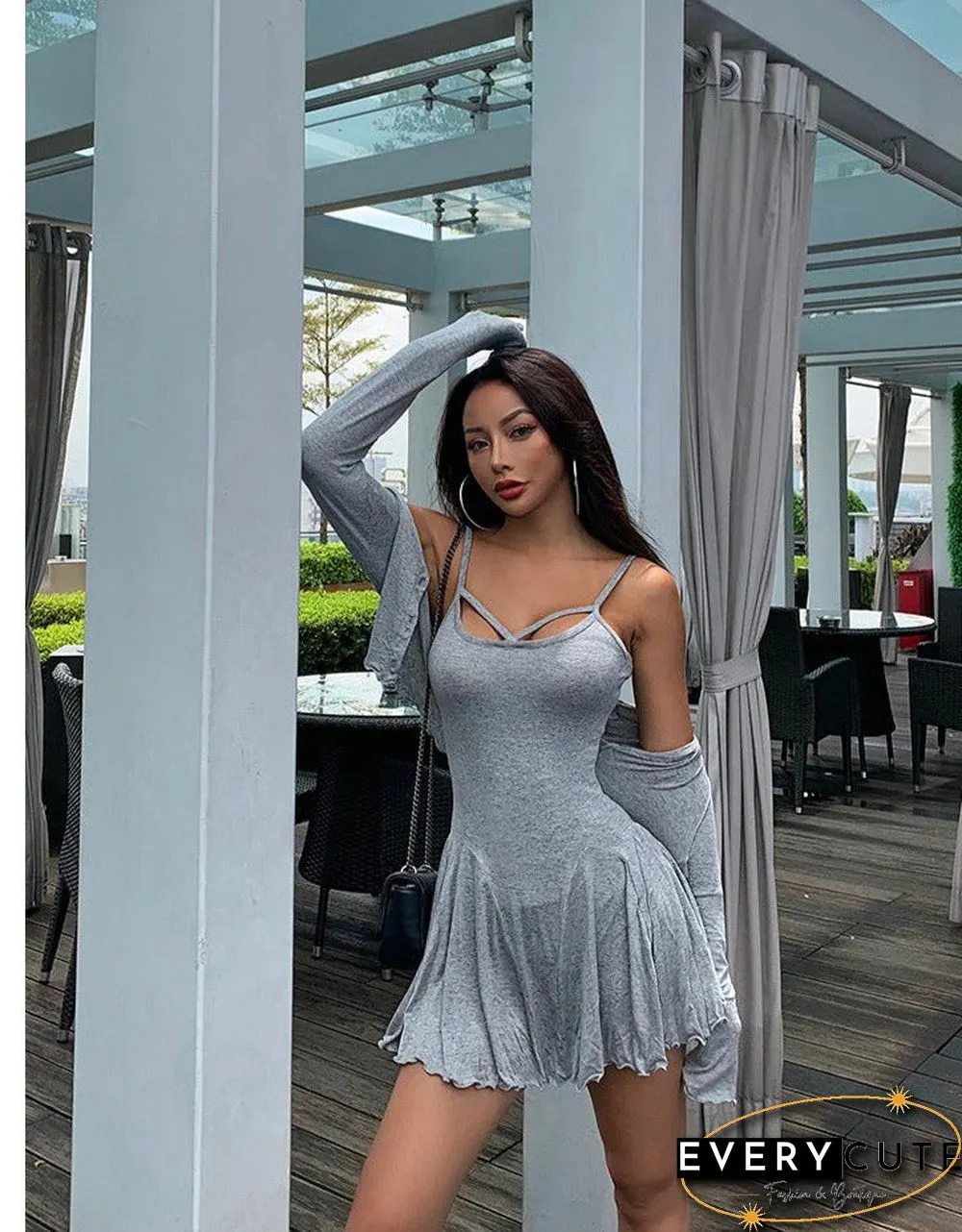 Womens Two Piece Cotton Suit Skirt Short Cardigan Long Sleeve Sexy Low Chest Cross