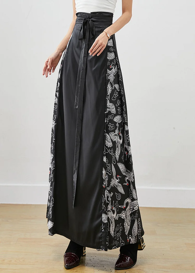 Stylish Black Tie Waist Patchwork Silk A Line Skirts Fall