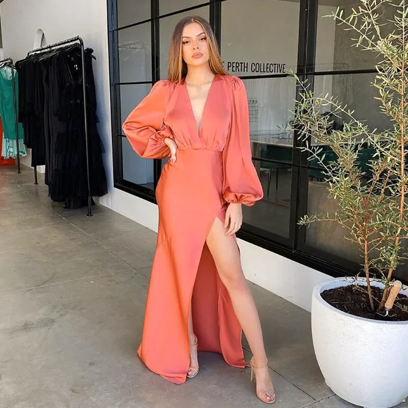 Solid Silk Long Puff Sleeves V Neck Backlessk Slim Bodycon Maxi Dress Fall Winter Women Party Elegant Streetwear