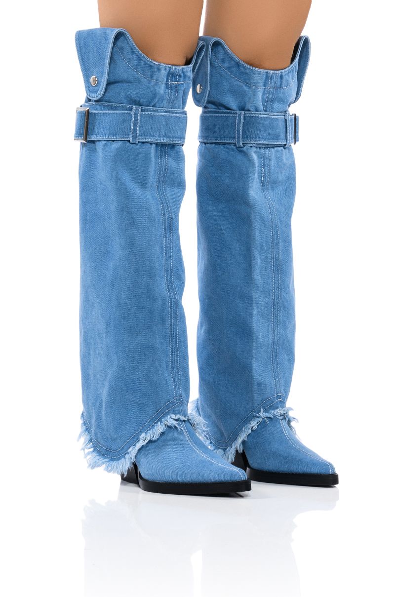 Cowboy Boots Denim Western Women Knee High Boots Wedges