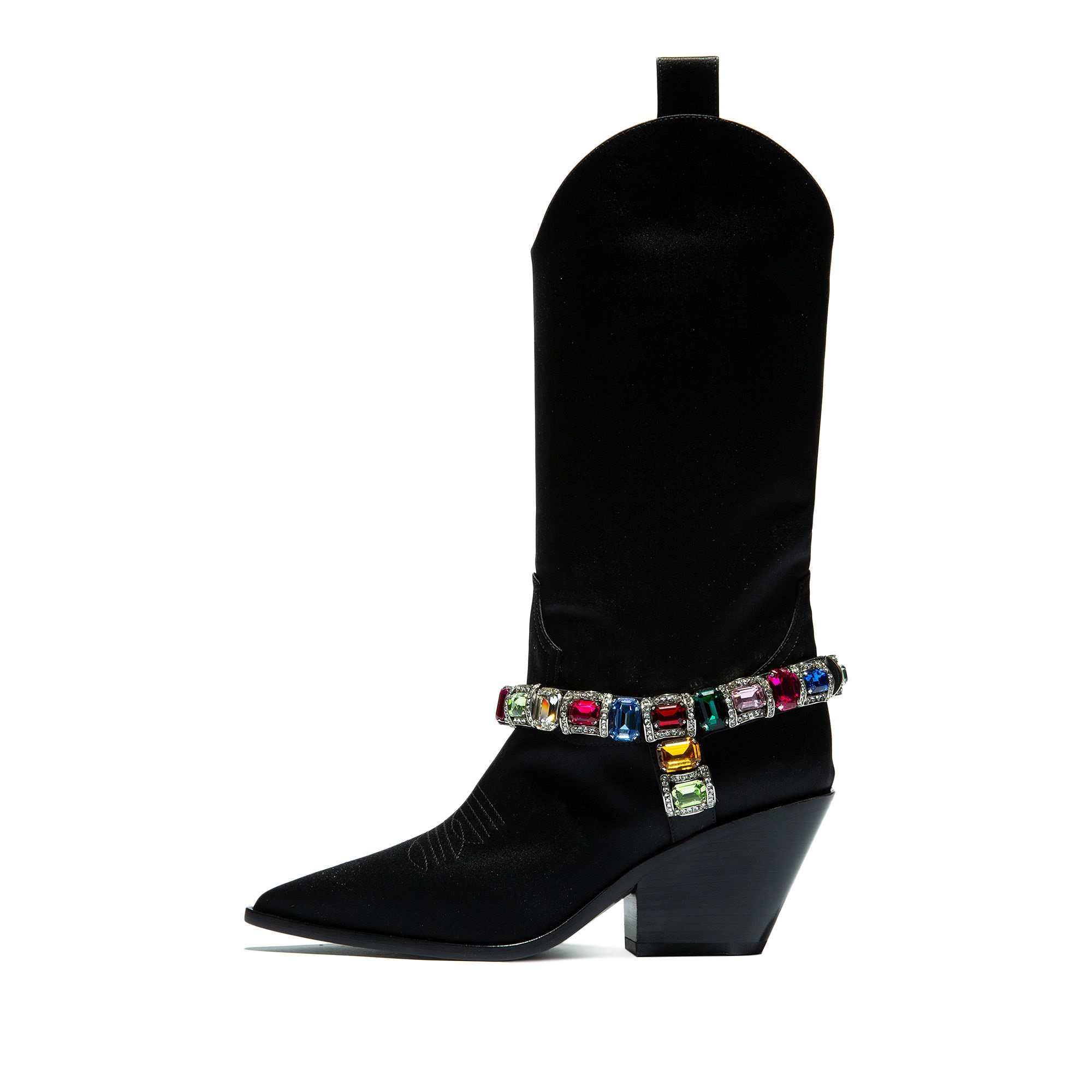 Black Pointed Toe Crystal Ankle Strap Heeled Mid-Calf Cowgirl Boots
