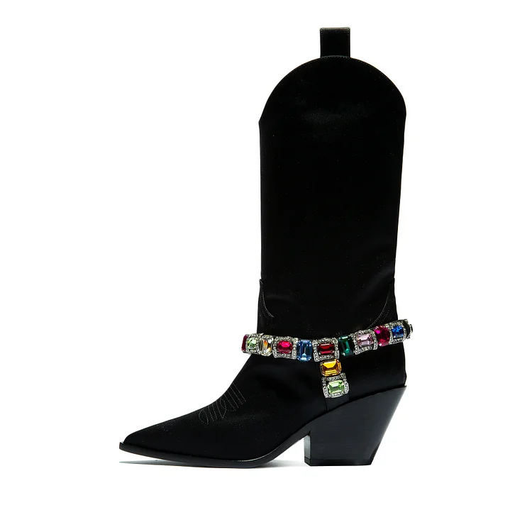 Black Pointy Toe Crystal Cowgirl Boots Block Heel Mid Calf Boots |FSJ Shoes
