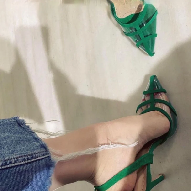 2021 European and American Pointed Low-Cut High Heels Transparent Cutout Middle Heel Fine Heel Pumps  Woman Sandals