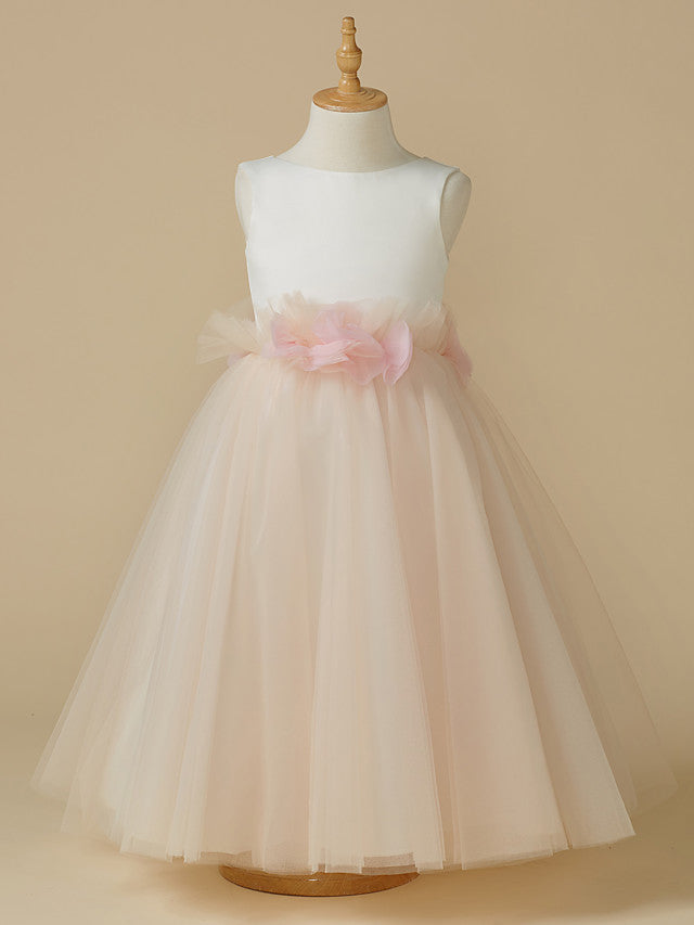 Oknass A-Line Sleeveless Jewel Neck Flower Girl Dresses Satin Tulle  With Bow Flower
