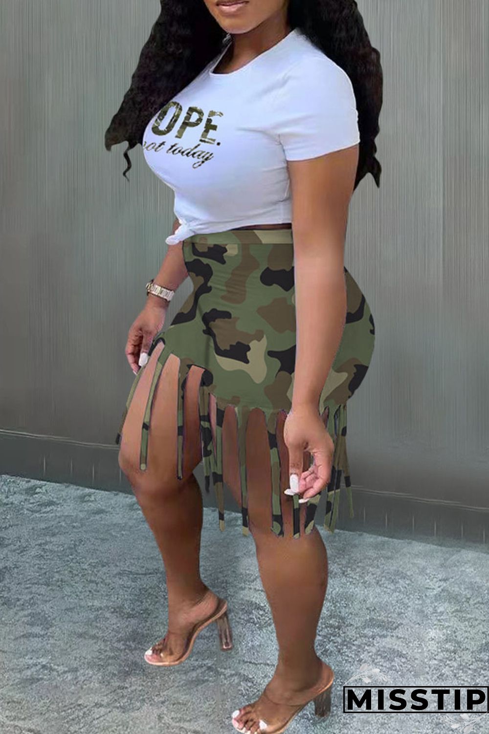 Black White Casual Street Print Tassel Patchwork O Neck Plus Size Two Pieces