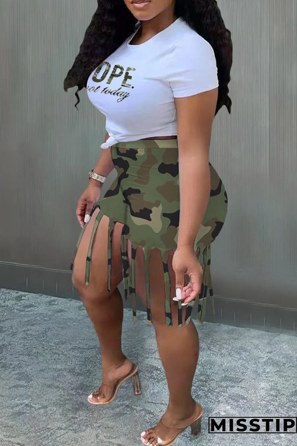 Black White Casual Street Print Tassel Patchwork O Neck Plus Size Two Pieces