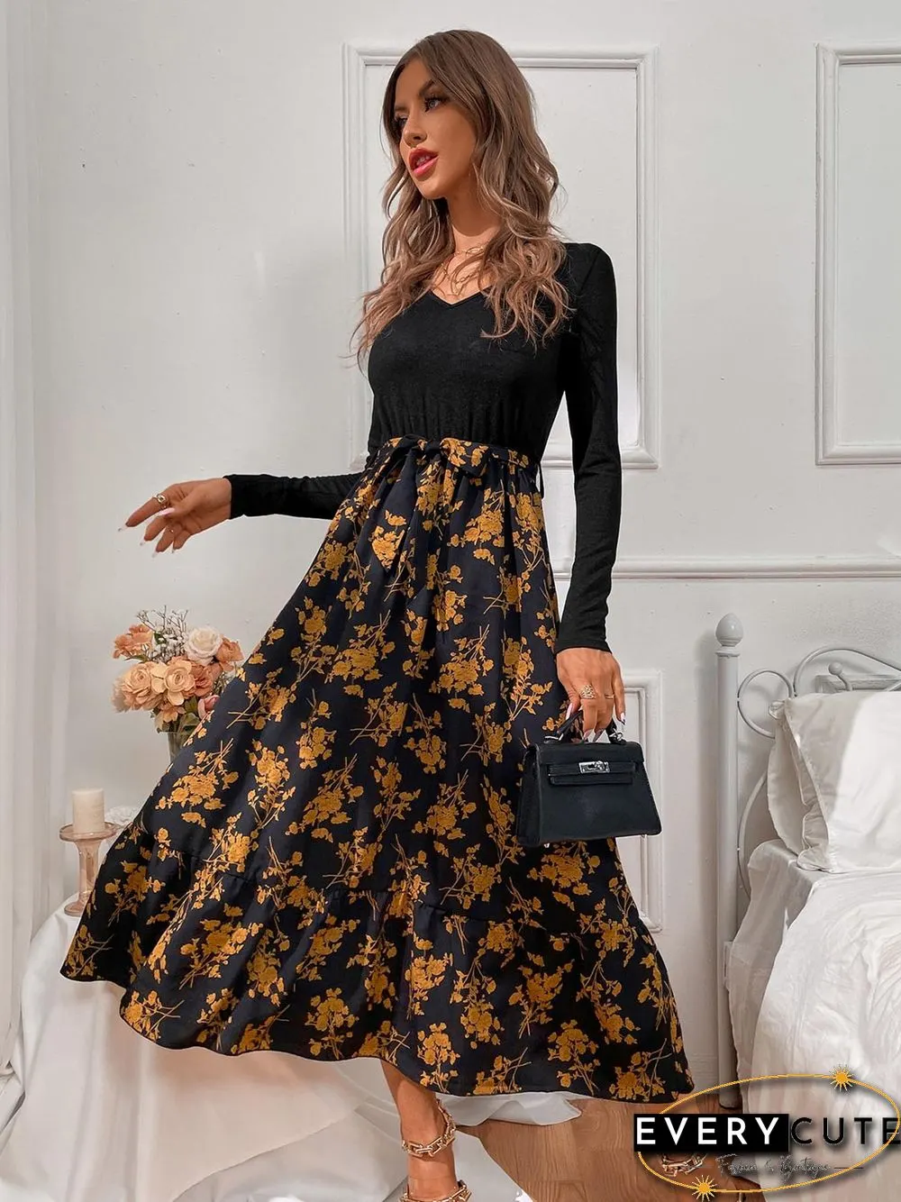 Casual Long Sleeve Floral Maxi Dress