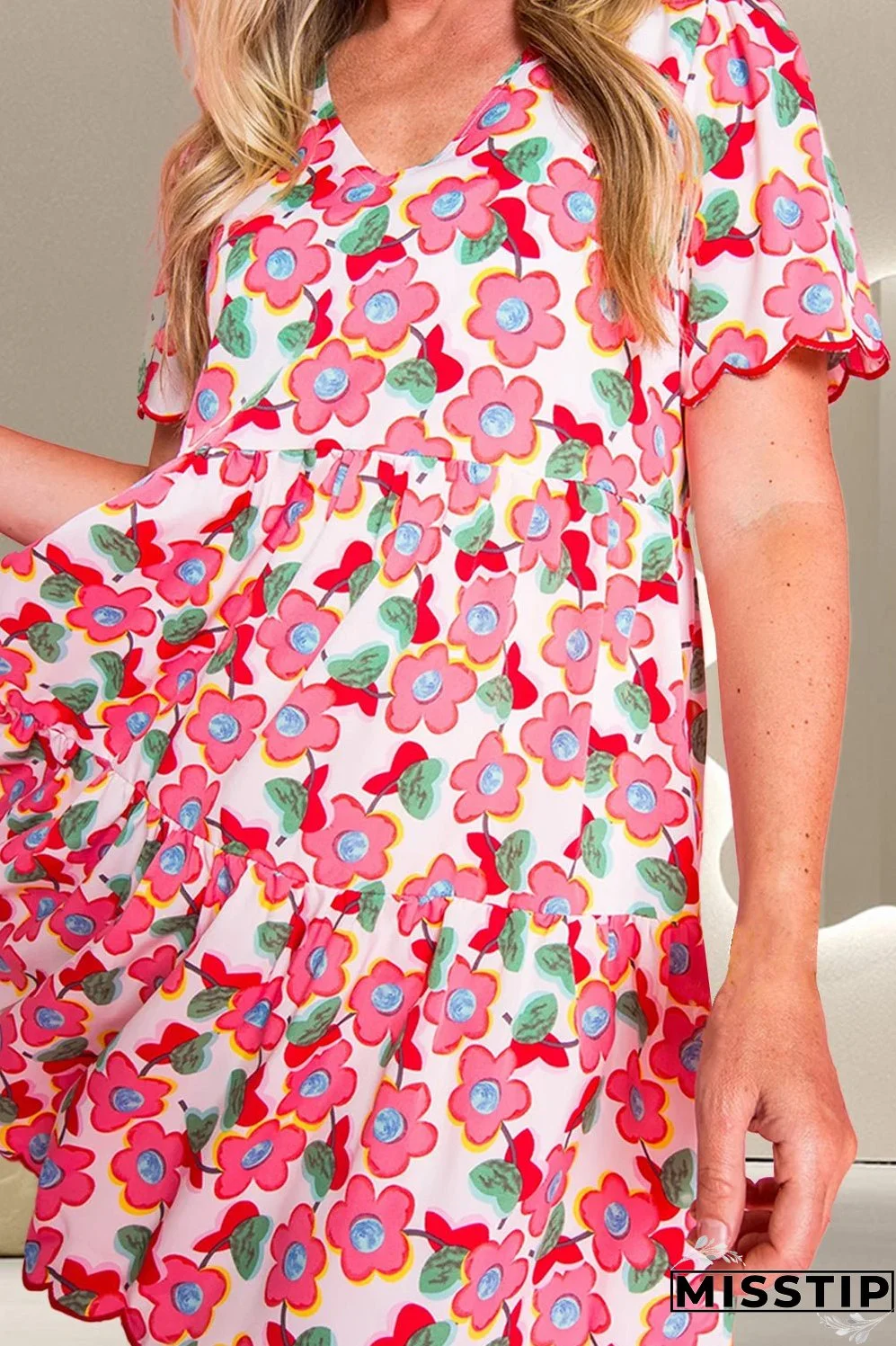 Scalloped Hem Flower Printed Short Sleeve Dress