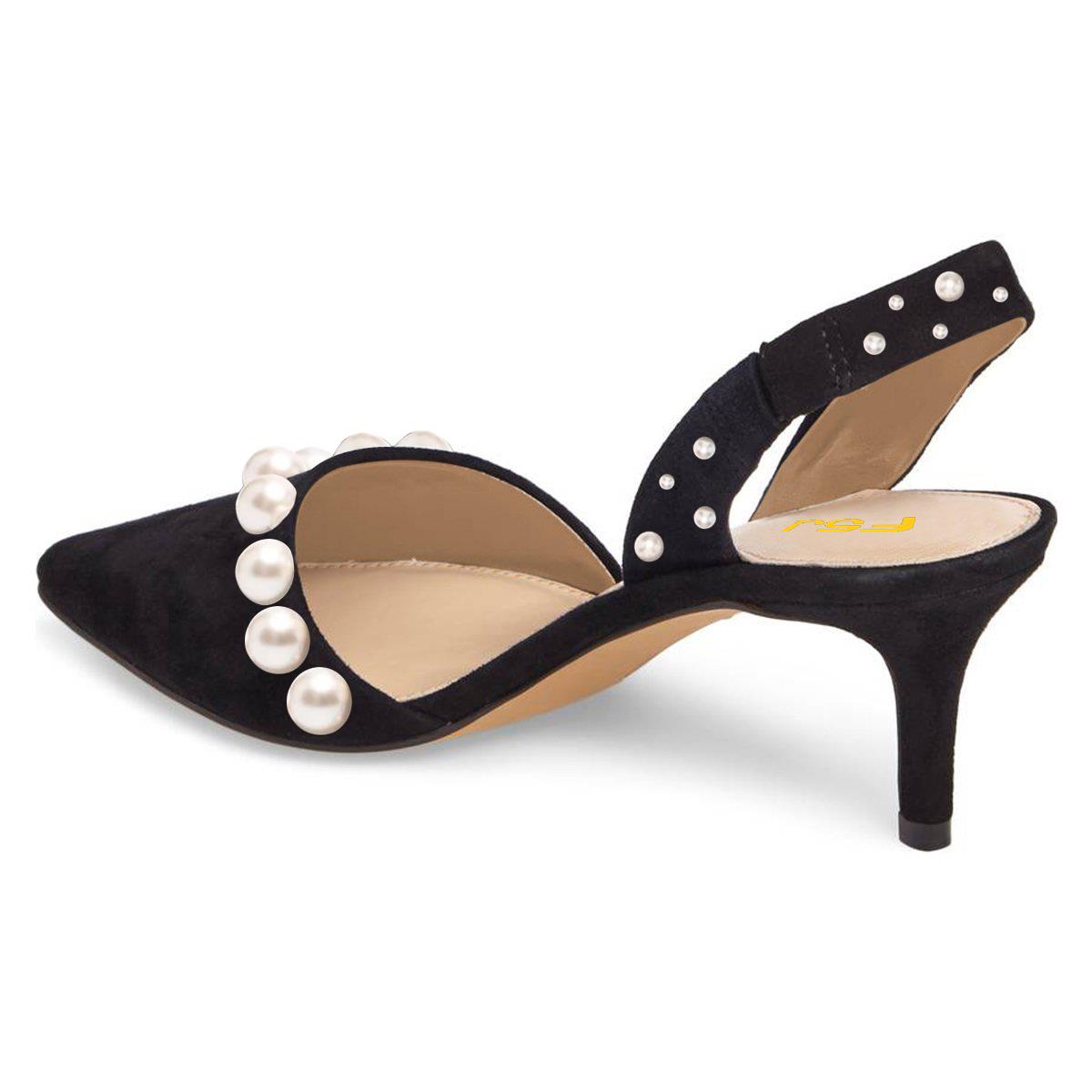 Black Suede Almond Toe Kitten Heel Slingbacks with Classic Pearl