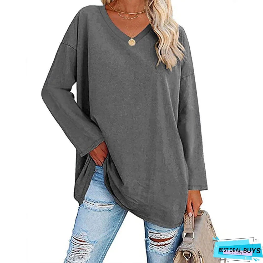 Solid Color Long Sleeve V-neck Dress