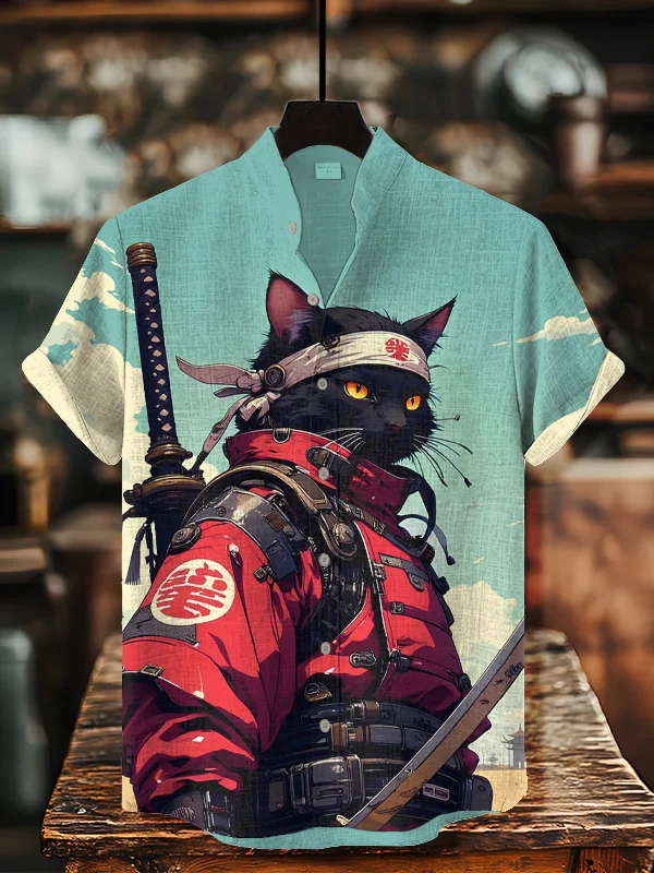 Men's Handsome Black Cat Samurai Print Short Sleeve Shirt