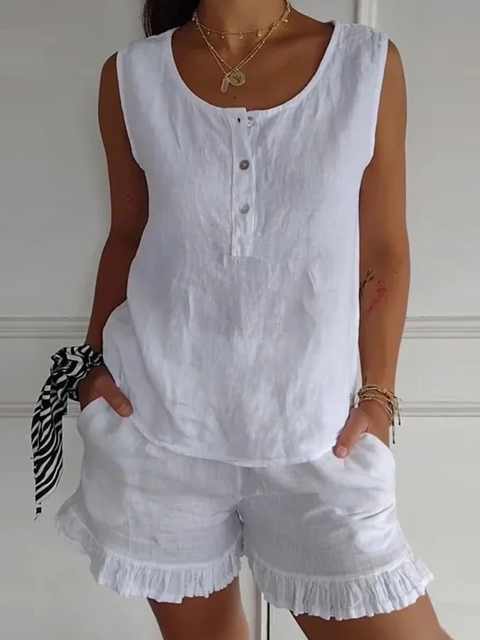 Women's Fashionable Cotton And Linen Casual Shorts + Sleeveless Jacket
