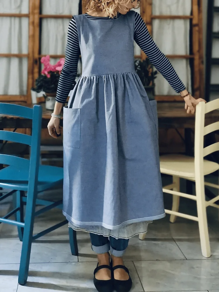 Blue Linen and Cotton Kitchen Apron