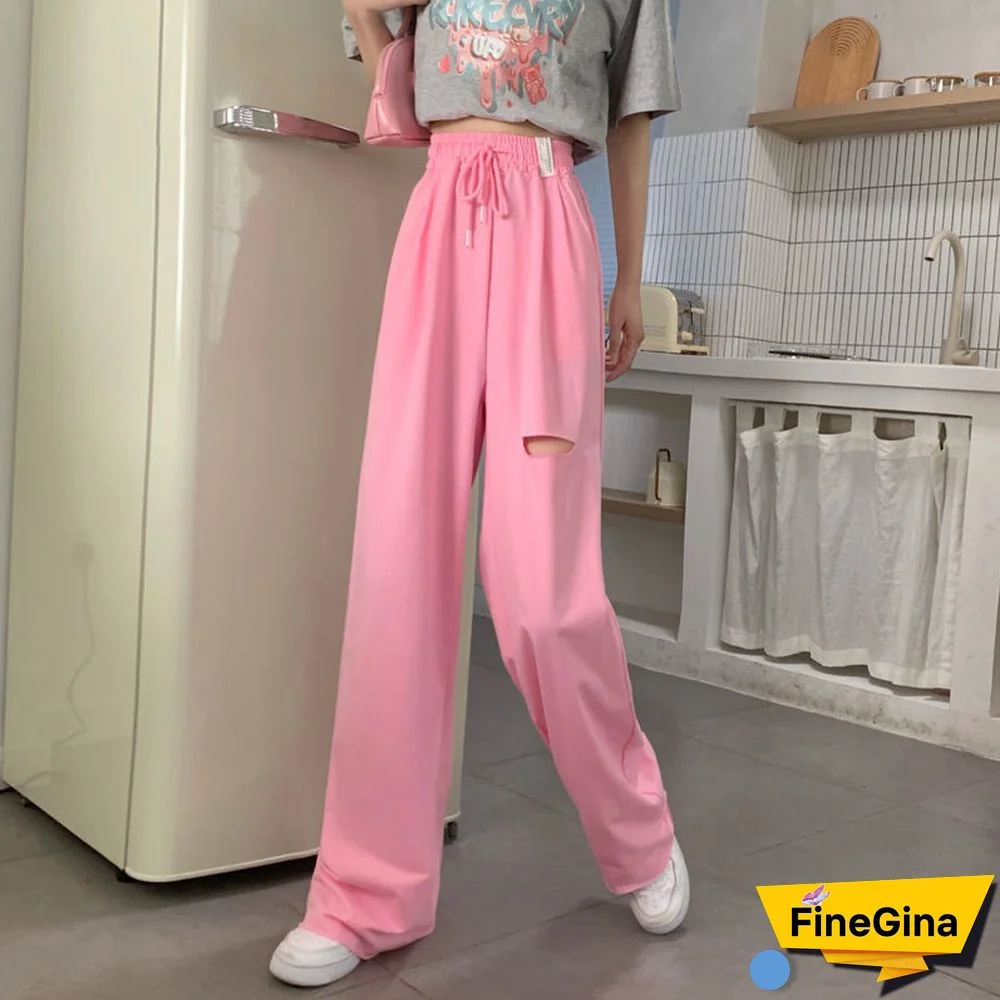 Fashion Y2k Hollow Out Hole Wide Leg Pants Women Summer High Waist Streetwear Straight Trousers Loose Harajuku Casual Sweatpants