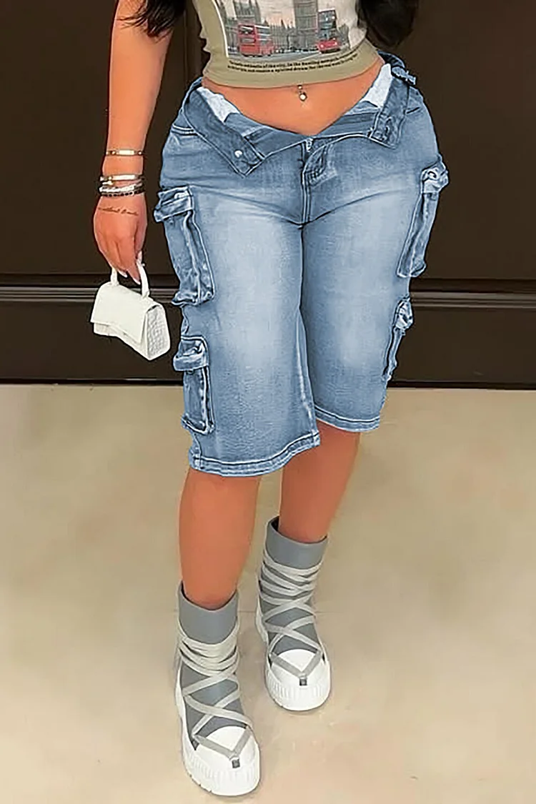 Pockets Cargo Style Denim Capri Pants-Blue