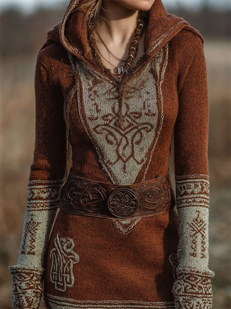 Vintage Mystical Totem Contrast Hooded Knit Sweater Dress