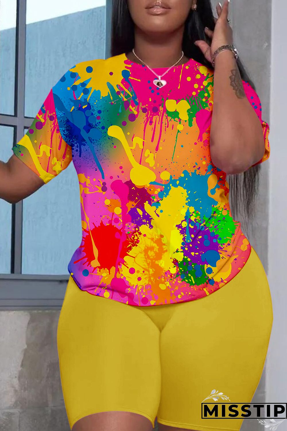 Deep Red Casual Print Basic O Neck Short Sleeve Two Pieces