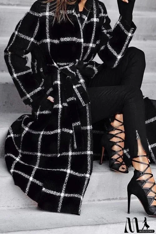 MidiSono - Pockets Plaid Long Hoodie Coat